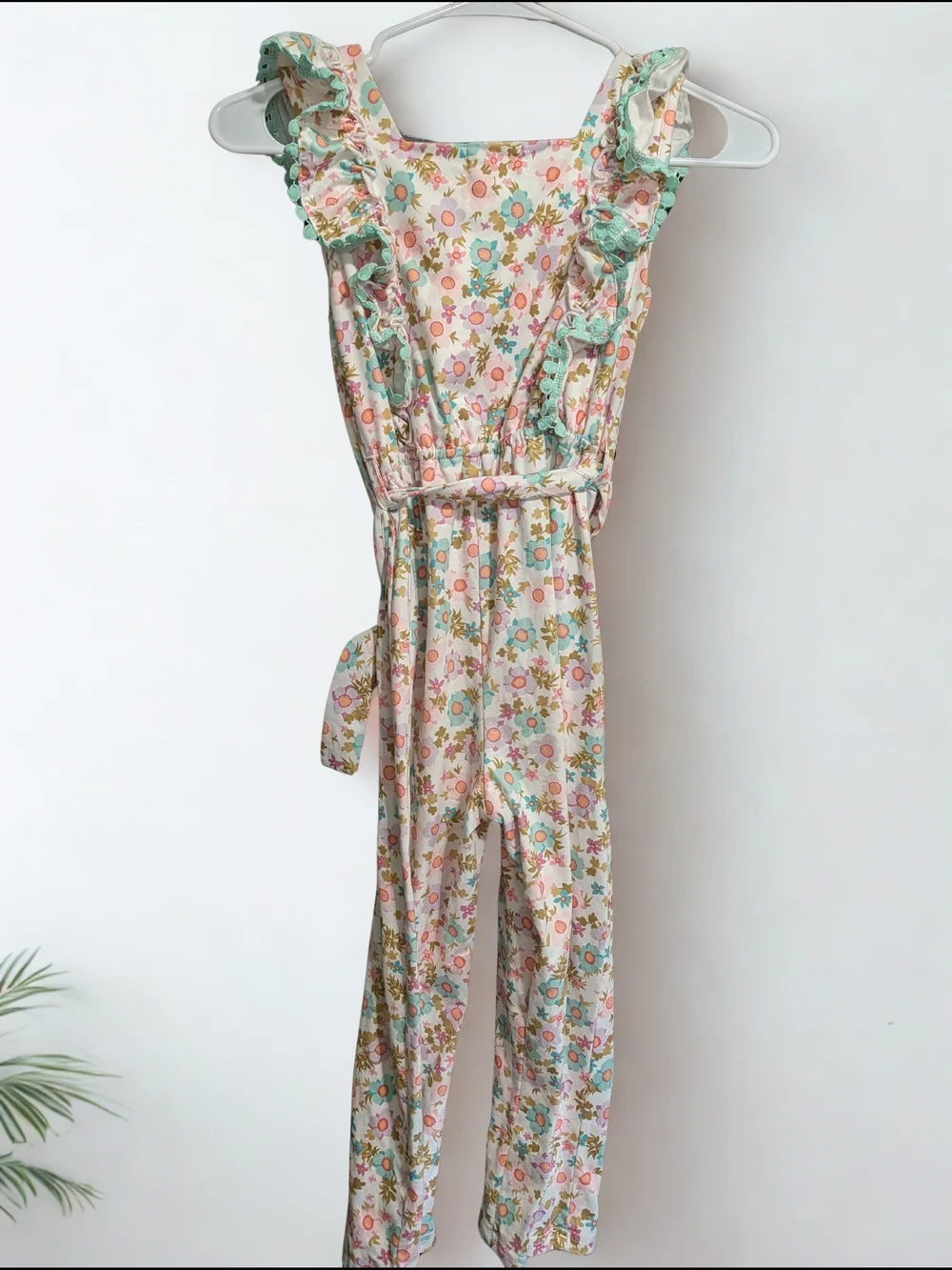 Girls Floral Ruffle Strap Jumpsuit in Pastel Multicolor